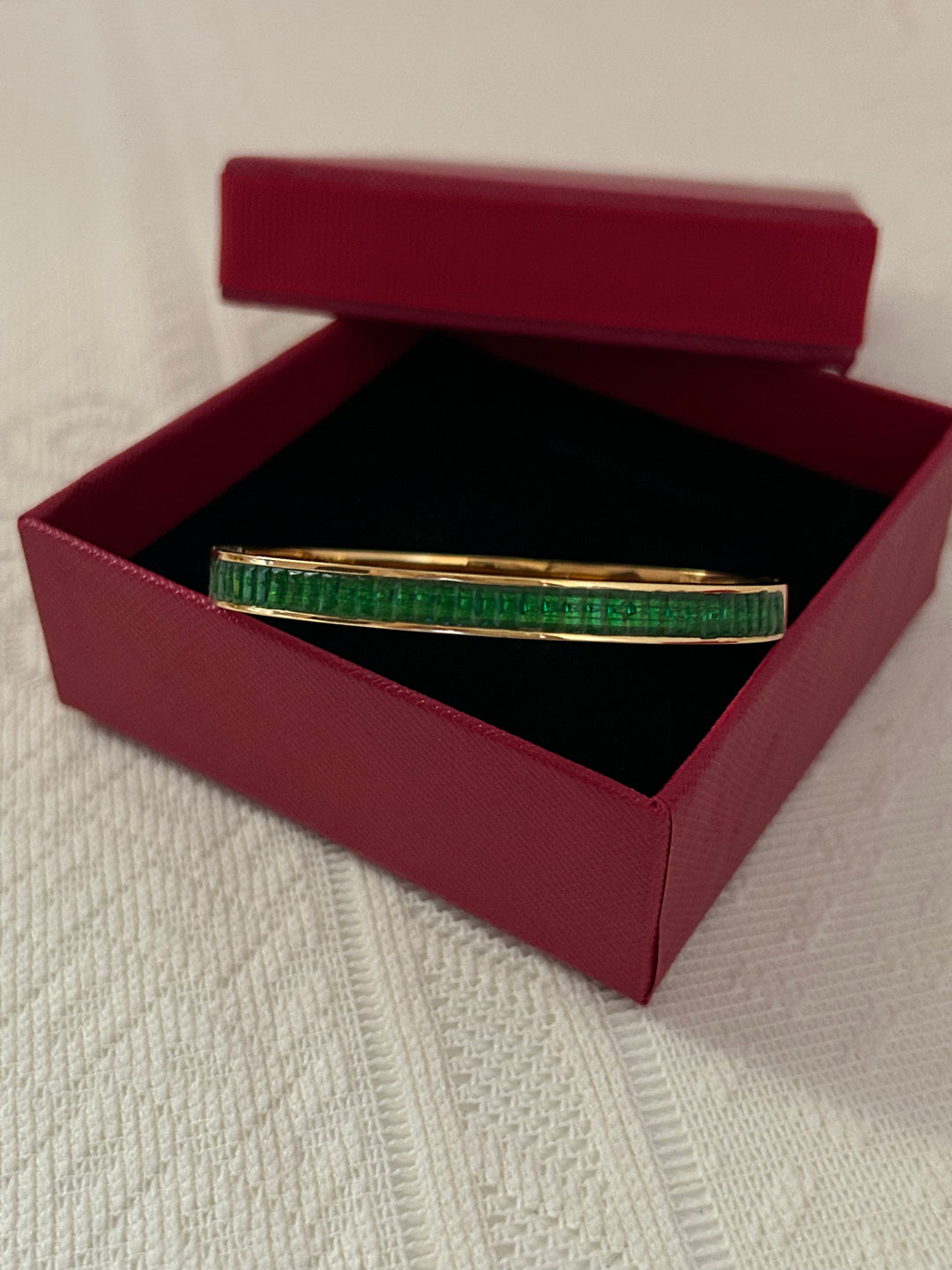 Emerald Green Zirconia Gold Plated Stainless Steel Hinged Bracelet