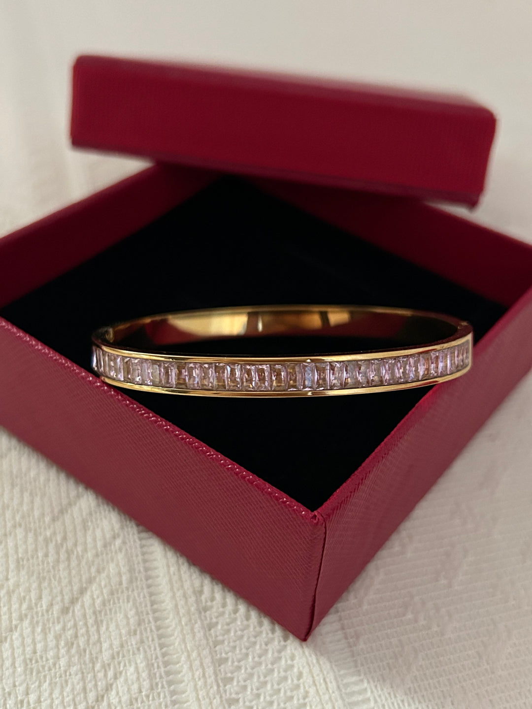 Pink Zirconia Stainless Steel Gold Plated Hinged Bracelet
